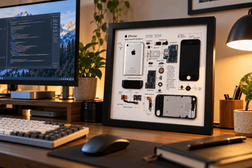 Framed iPhone teardown artwork beside a monitor showing code on a wooden desk