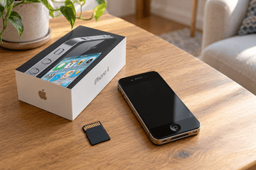 A black iPhone beside an iPhone 4 box and an SD card on a wooden table
