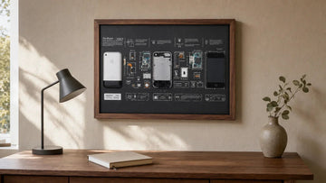 Finished iPhone teardown frame displayed as non-functional technology wall art