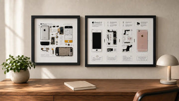 iPhone 2G and iPhone 6S teardown frames displayed in a modern home office