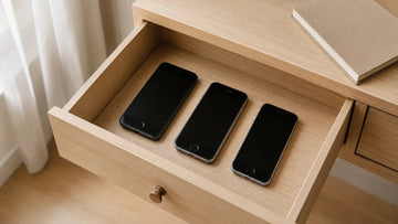 Three older iPhones stored in a wooden drawer beside a notebook