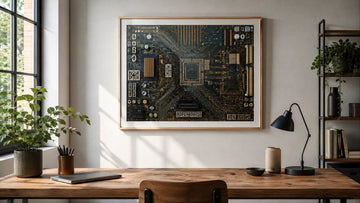 Framed circuit board art displayed in a modern technology workspace
