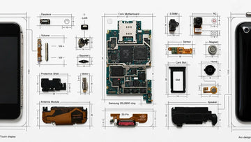 Editorial layout of smartphone components including a logic board, camera, controls, antenna, connector and speaker