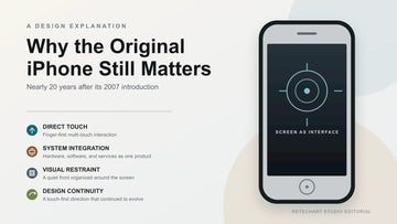 Editorial diagram explaining why the original iPhone mattered through direct touch, system integration, visual restraint, and design continuity