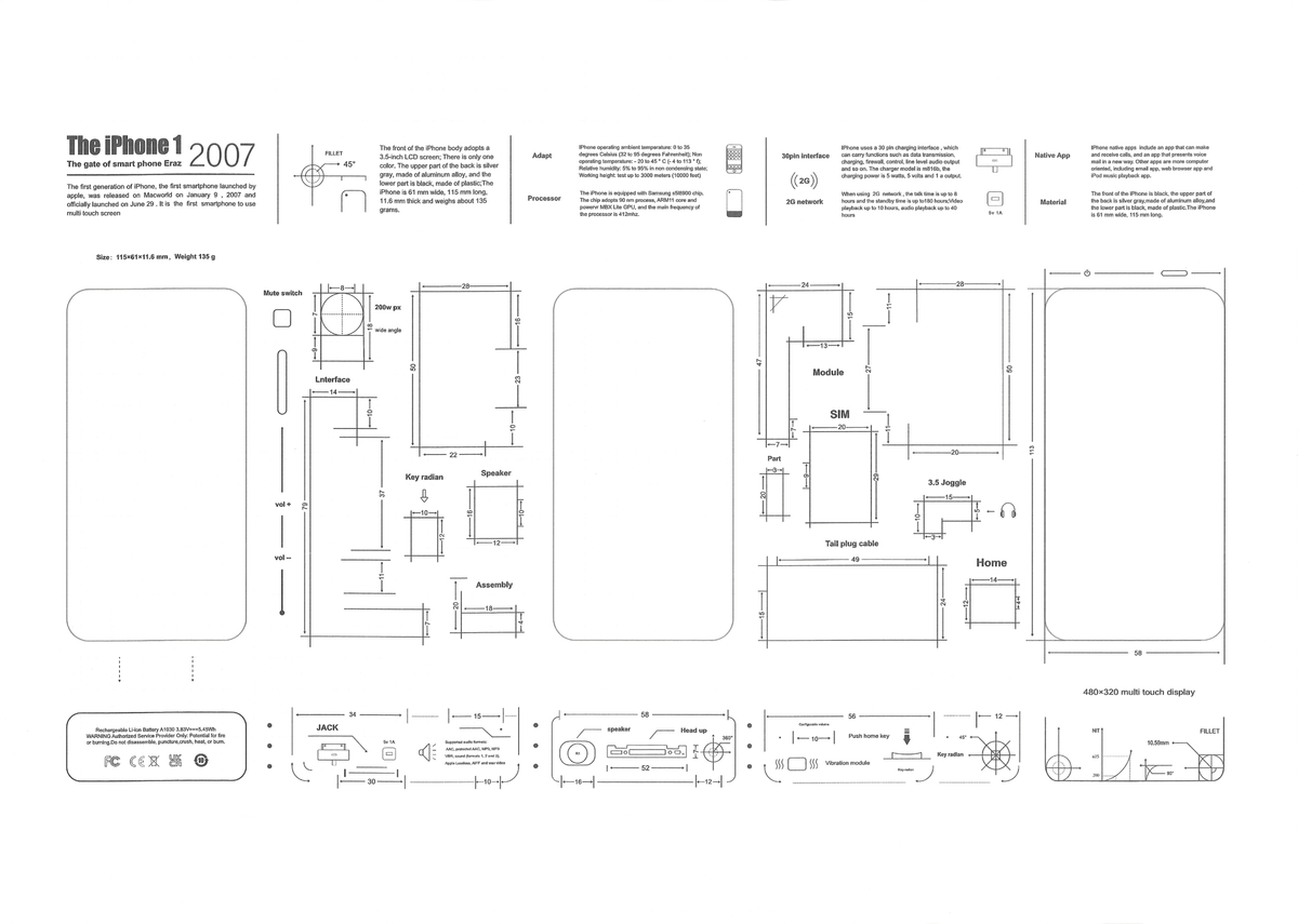 2G,3G,3GS,4,4s,5,5s,6,6s,7,8,X, teardown layout template PDF format (Digital Download File)