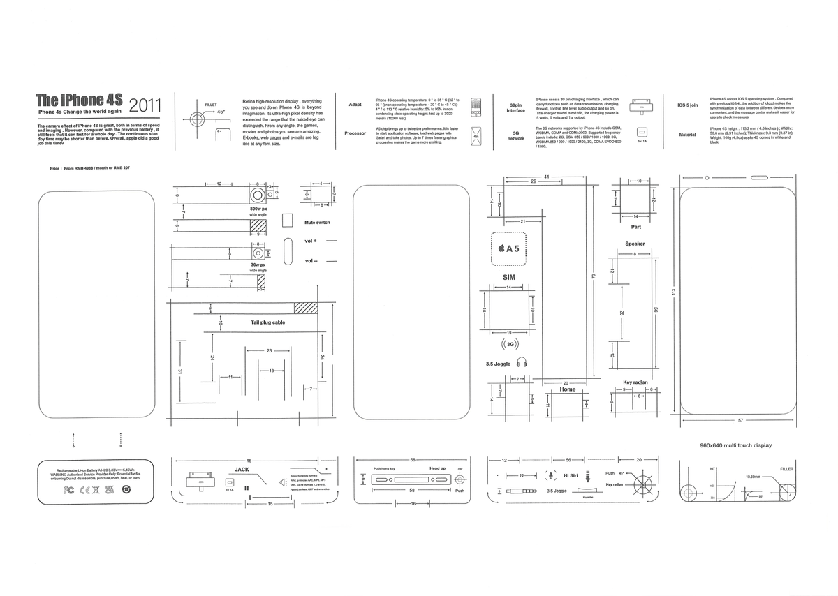 2G,3G,3GS,4,4s,5,5s,6,6s,7,8,X, teardown layout template PDF format (Digital Download File)