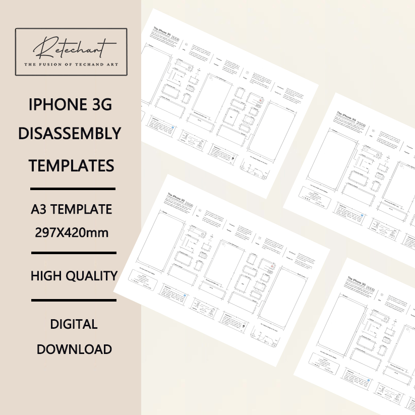 Apple iPhone 2G,3G,3GS,4,4s,5,5s,6,6s,7,8,X, teardown layout template PDF format (Digital Download File)