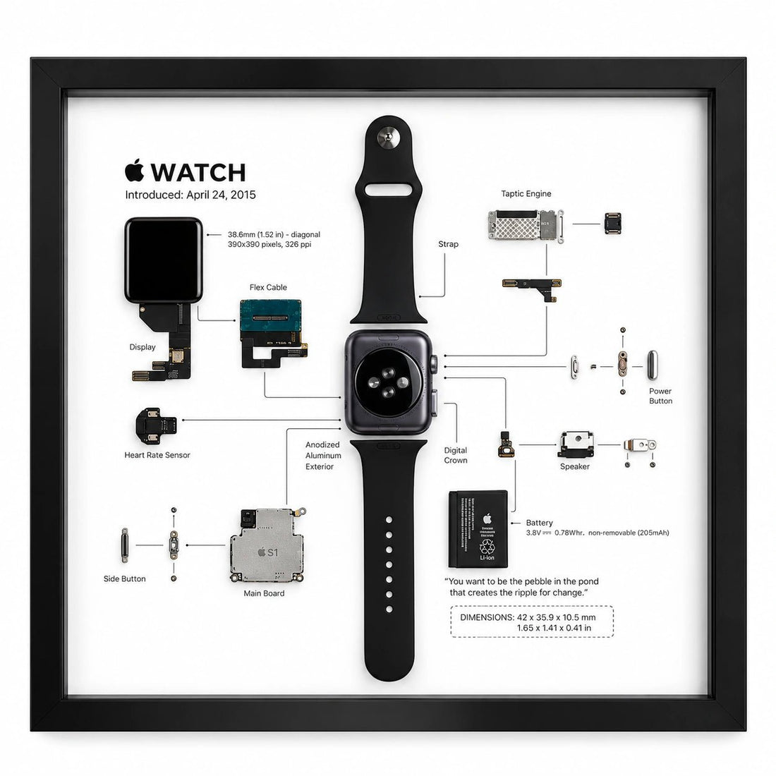 Apple Watch 1st Generation teardown frame with original watch parts arranged on a white background