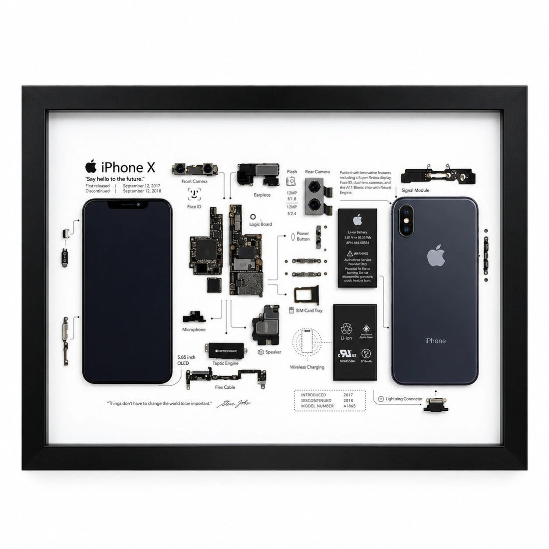 iPhone X teardown frame with original phone parts arranged on a white background