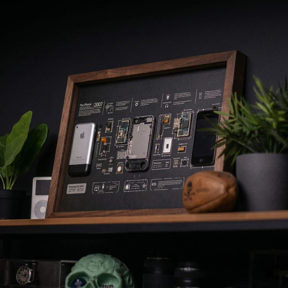 iPhone 1st Generation teardown art displayed on a shelf with plants