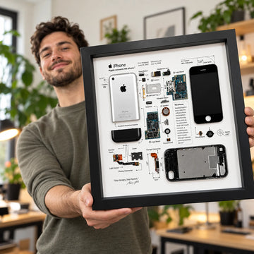 Man presenting an iPhone 1st Generation Teardown Frame in a modern creative studio