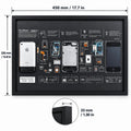 Retechart iPhone 2G teardown frame dimensions, featuring original iPhone components in a black frame measuring 450 × 326 × 33 mm (17.7 × 12.8 × 1.30 inches).