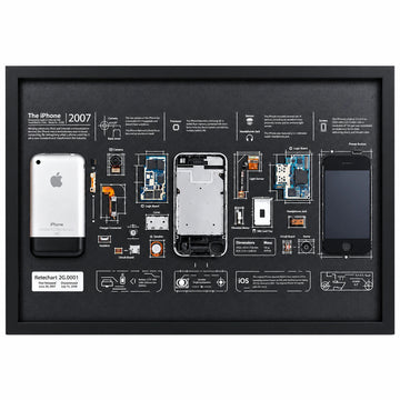 Cadre iPhone 2G de première génération démonté, avec les pièces d’origine sur un fond noir de style plan technique