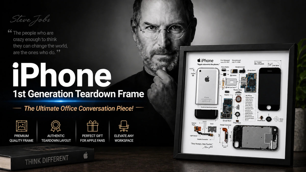 iPhone 1st Generation teardown frame displayed with Steve Jobs portrait and office decor
