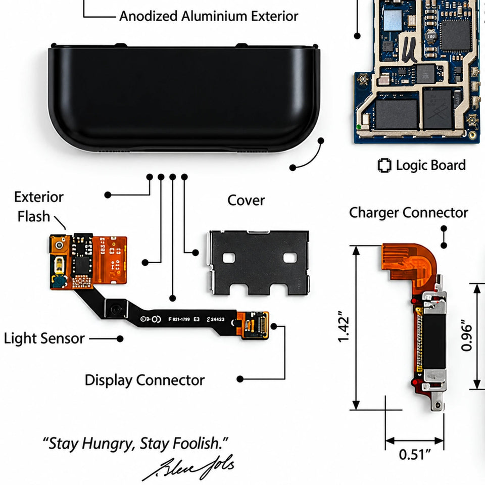 Retechart-Teardown-Kunst des iPhone der ersten Generation mit originalem Ladeanschluss, Displayanschluss und Details der unteren Rückabdeckung