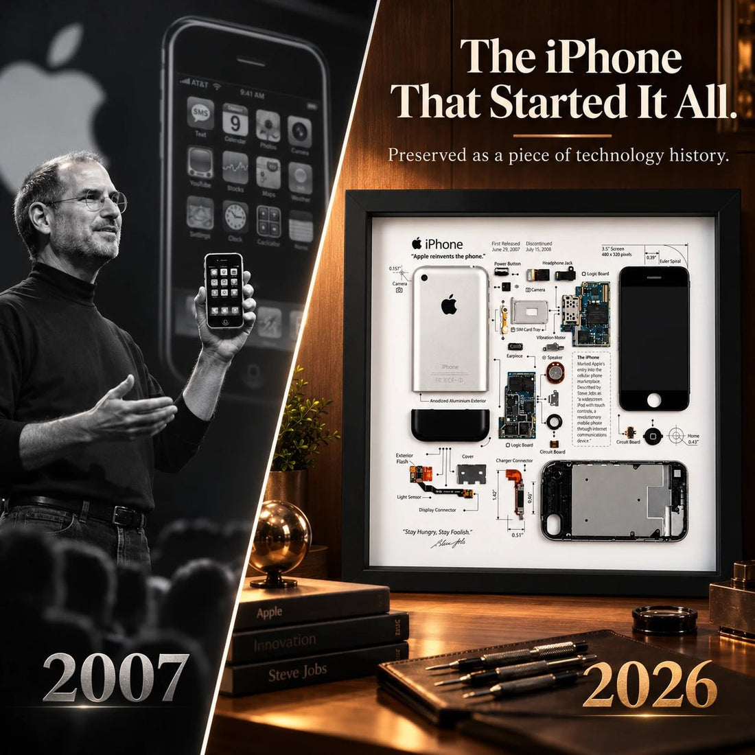 iPhone 2G teardown frame featuring original reclaimed iPhone parts arranged in a black wooden display frame