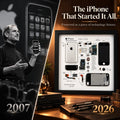 Historisch inspirierte Präsentation mit einem gerahmten iPhone-2G-Teardown-Kunstwerk und einer Hommage an die Einführung von 2007