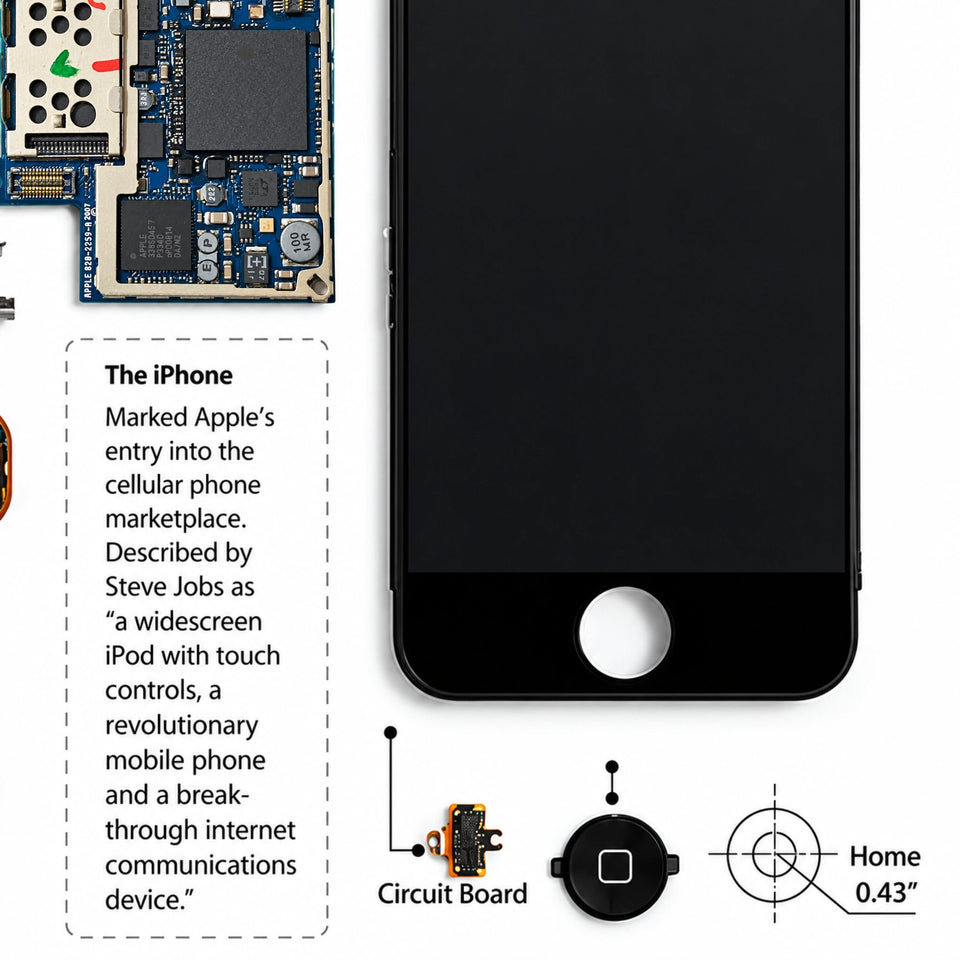 Retechart-Teardown-Kunst des originalen iPhone mit schwarzem Touchscreen, ikonischem Home-Button, Platine und historischer Beschreibung