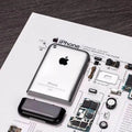 iPhone 1 disassembled components layout, detailed internal parts display collectible artwork