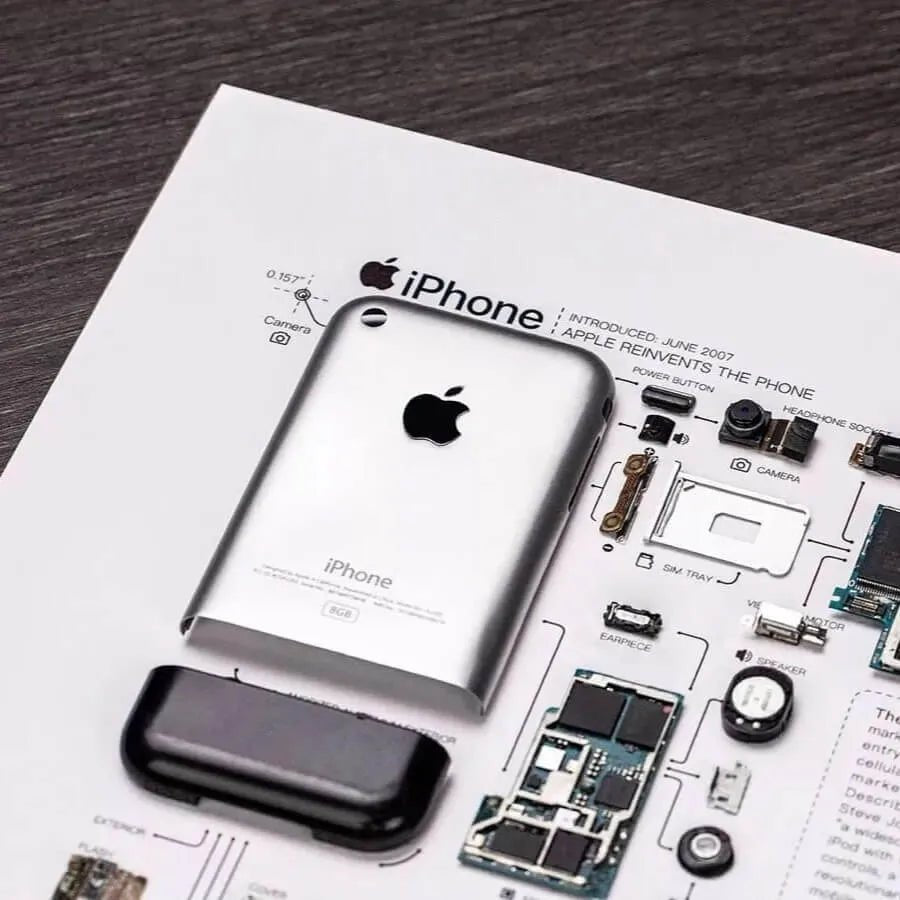 iPhone 1 disassembled components layout, detailed internal parts display collectible artwork