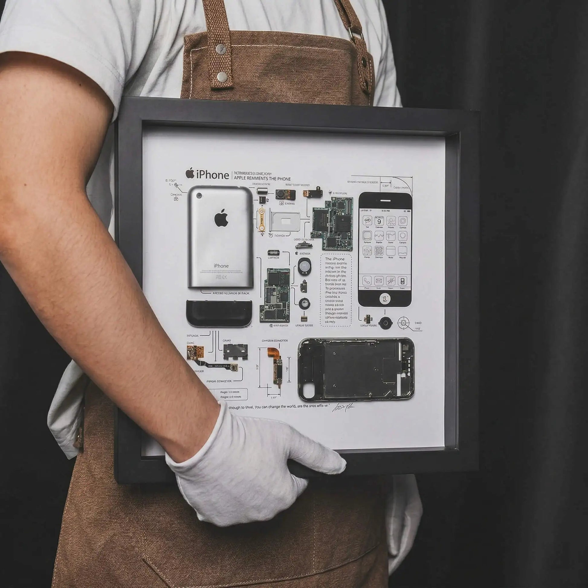 Hand holding iPhone 1 teardown frame, premium handmade smartphone disassembly art piece