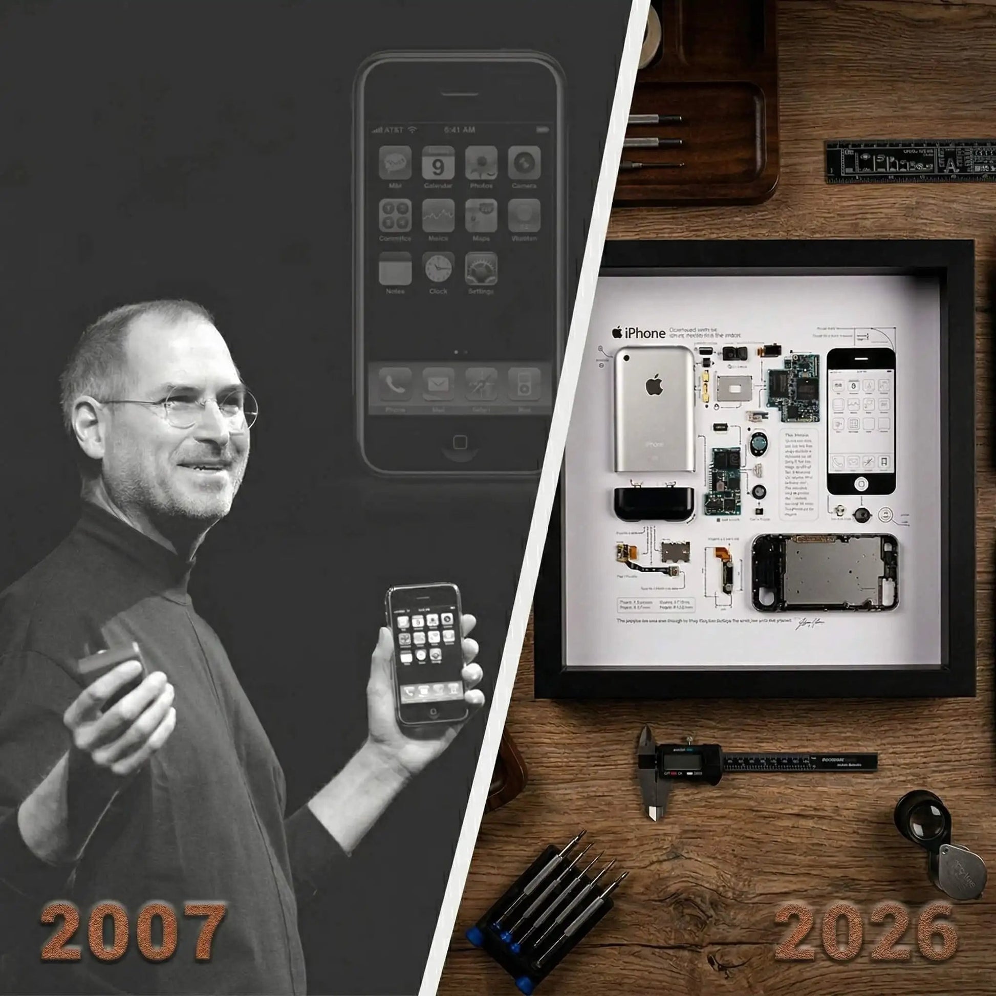 iPhone 2007 original release tribute frame with Steve Jobs, vintage Apple history wall art