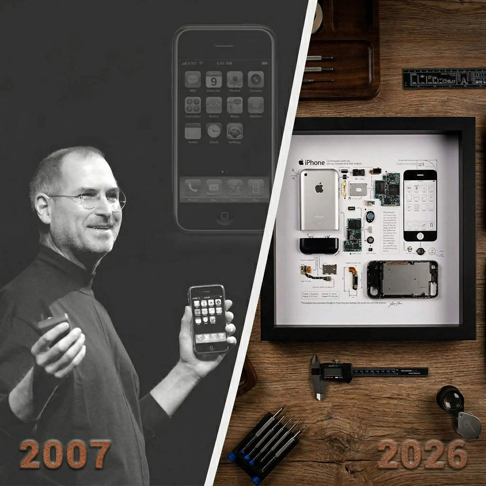 iPhone 2007 original release tribute frame with Steve Jobs, vintage Apple history wall art