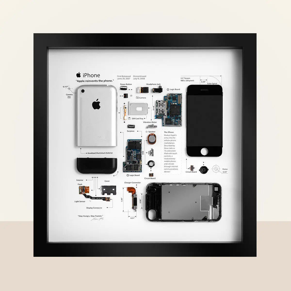 iPhone 1st Generation teardown frame art, limited edition vintage Apple disassembly wall decor
