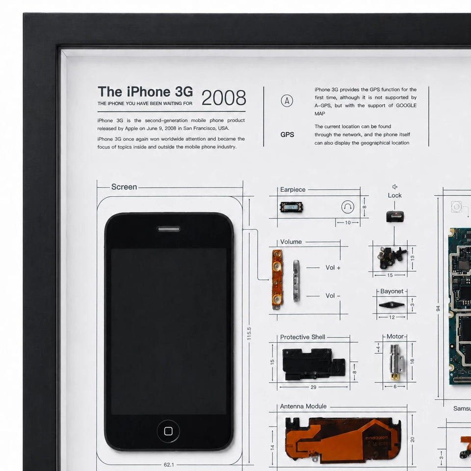 Close-up of the iPhone 3G front panel and product information inside the frame