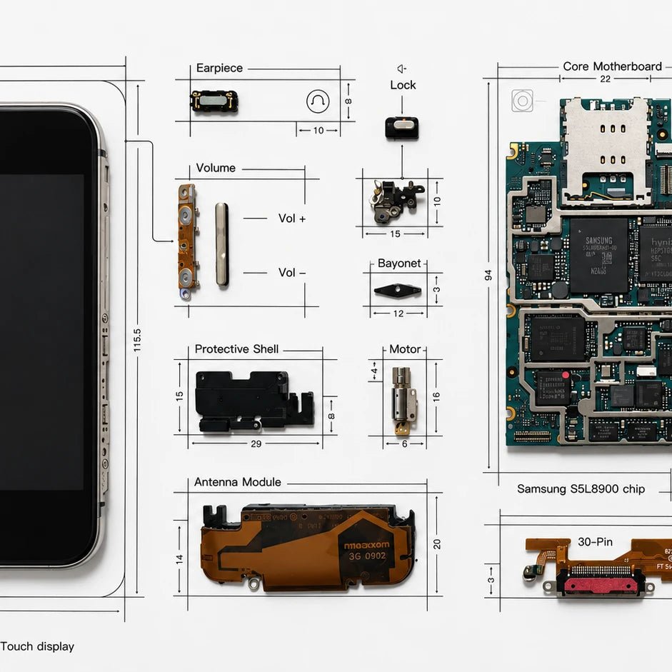 Detailed view of the iPhone 3G internal parts arranged inside the frame