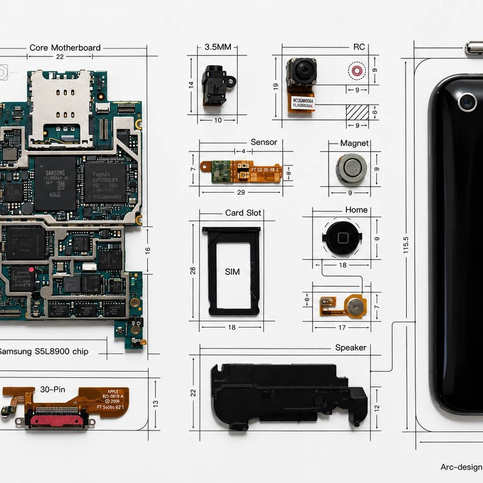 Close-up of the original iPhone 3G motherboard and smaller internal components