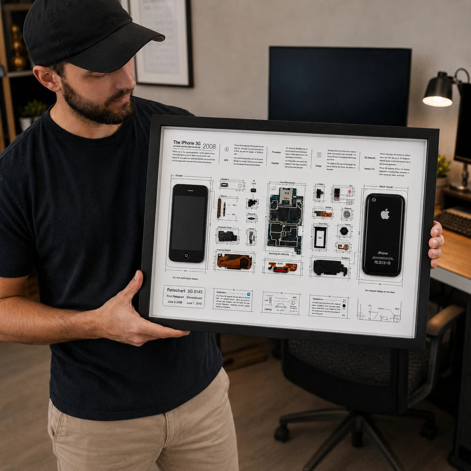 Man holding an iPhone 3G teardown frame made with original phone parts in a home office