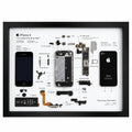 iPhone 4 teardown frame with original phone parts arranged on a white background