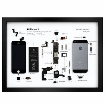 iPhone 5 teardown frame featuring original phone parts on a white background