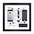 iPhone 5S teardown frame with original phone parts arranged on a white background