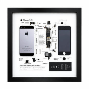 iPhone 5S teardown frame with original phone parts arranged on a white background
