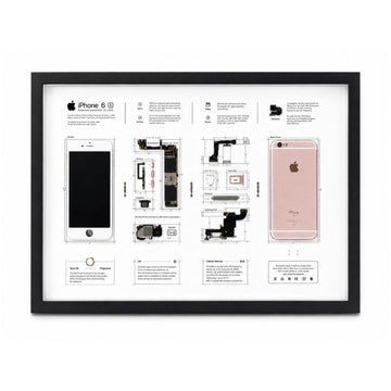 Œuvre de démontage iPhone 6S avec les composants d’origine disposés dans un cadre