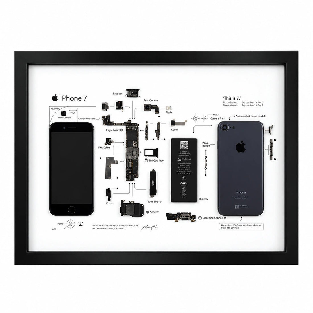 iPhone 7 teardown frame with original phone parts arranged on a white background