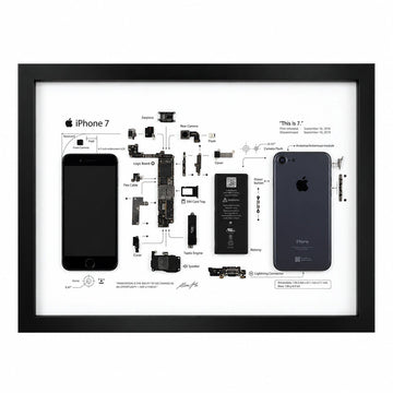 iPhone 7 teardown frame with original phone parts arranged on a white background