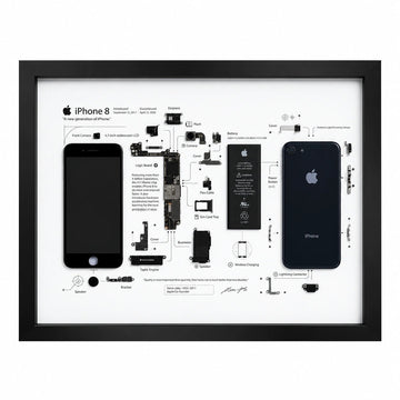 iPhone 8 teardown frame with original internal components arranged on a white background