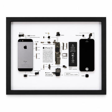 iPhone SE 1st Generation teardown frame with original phone components on a white background