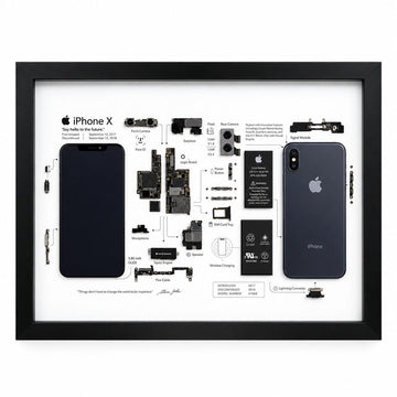 iPhone X teardown frame with original phone parts displayed on a white background