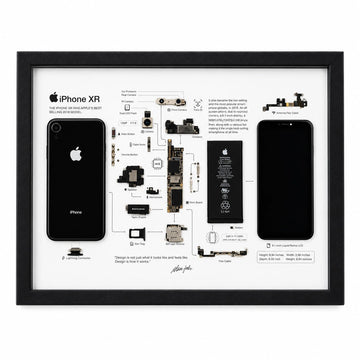 iPhone XR teardown frame with original phone components displayed on a white background