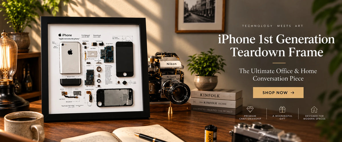 Retechart iPhone 1st Generation teardown frame displayed on a vintage wooden desk beside a classic cameraslider_item_TprKkx