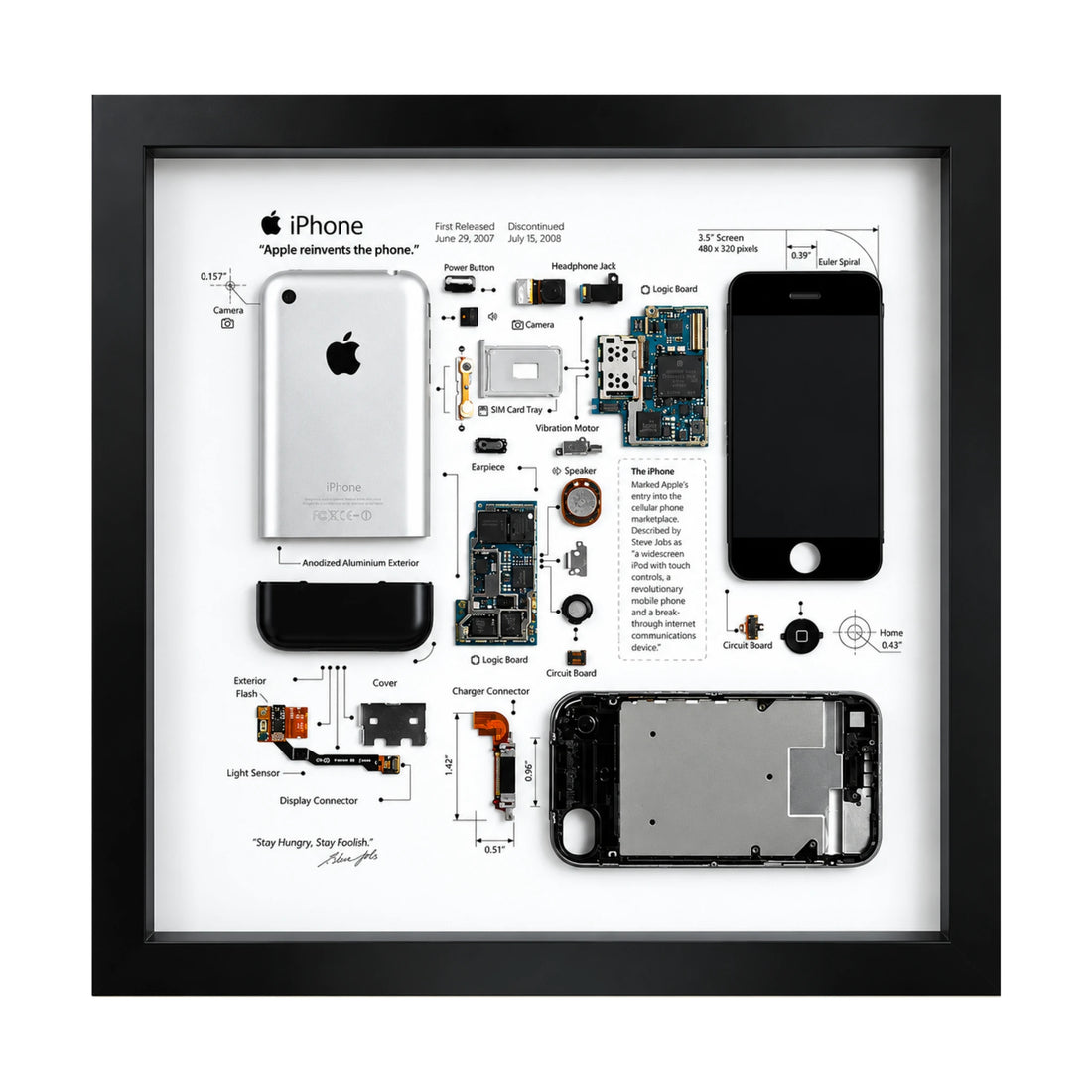 iPhone 2G teardown frame featuring original reclaimed iPhone parts arranged in a black wooden display frame