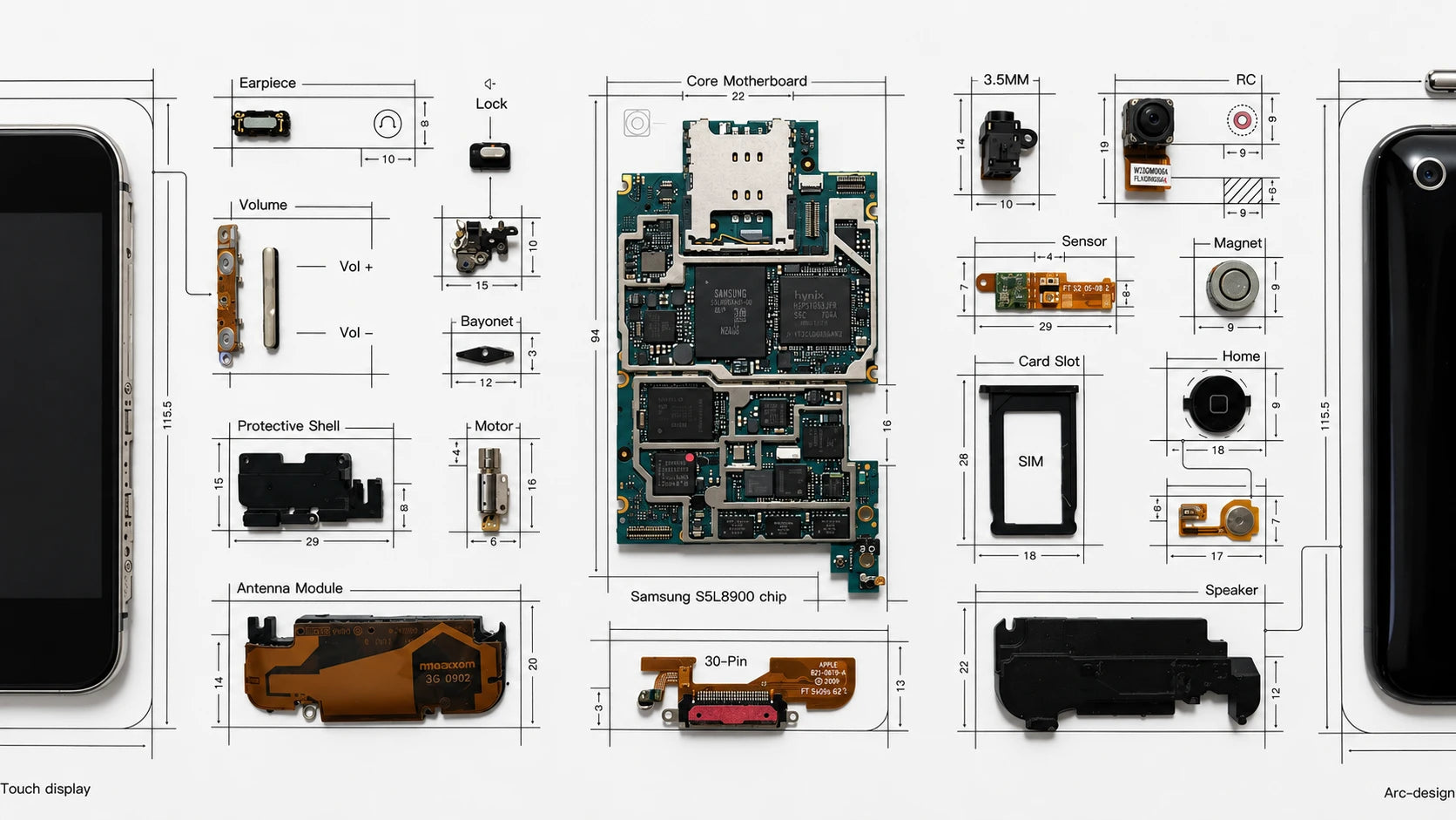 Close-up of the iPhone 3G component layout inside the teardown frame