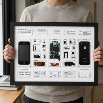 Person holding an iPhone 3G teardown frame made with original phone parts