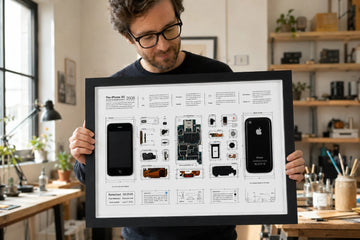Man holding an iPhone 3G teardown frame made with original phone parts in a creative workshop