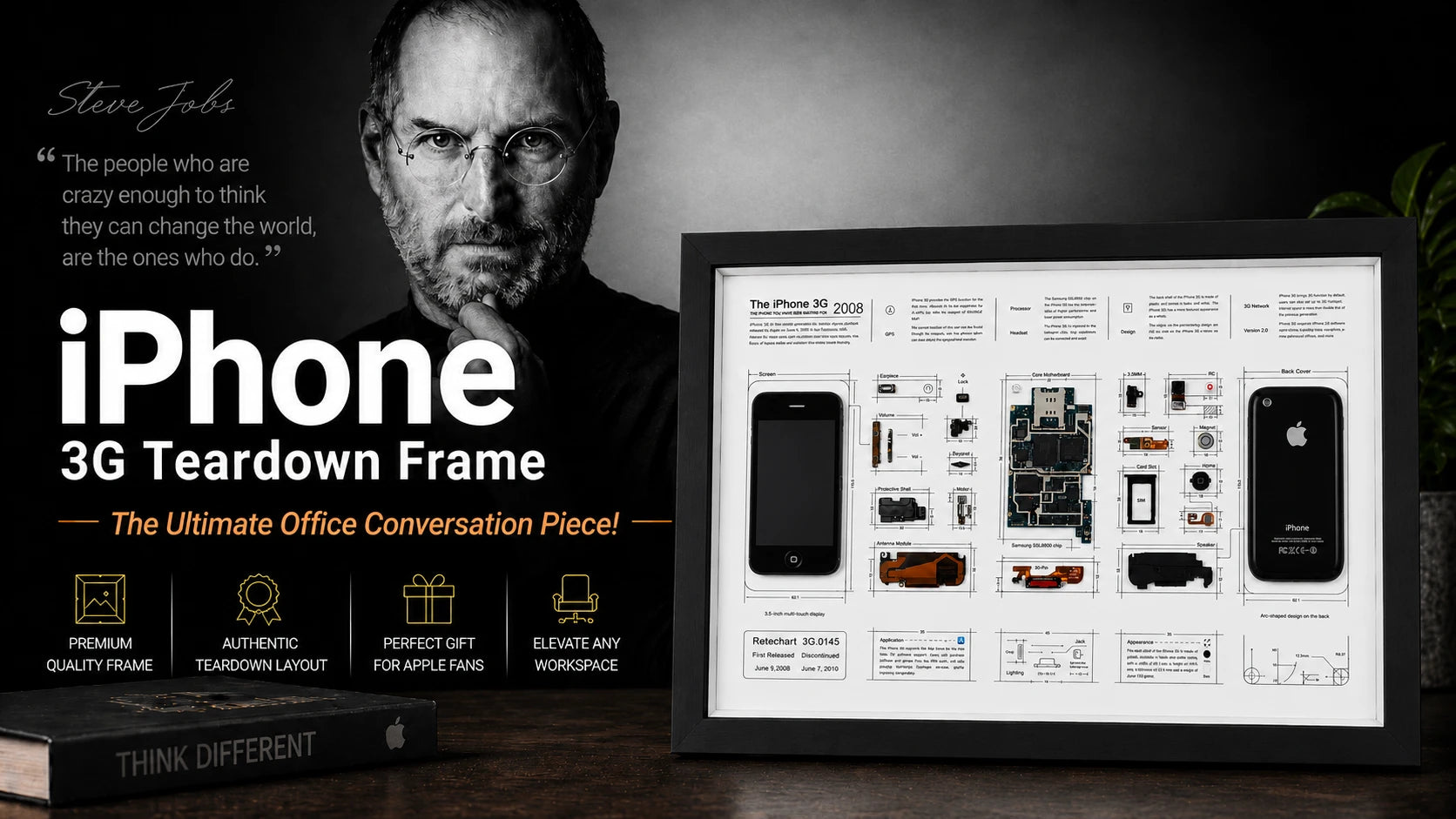 iPhone 3G teardown frame displayed in a dark office-themed promotional scene with product benefits