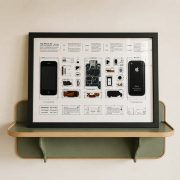 iPhone 3G teardown frame displayed on a green wall shelf in a minimalist interior